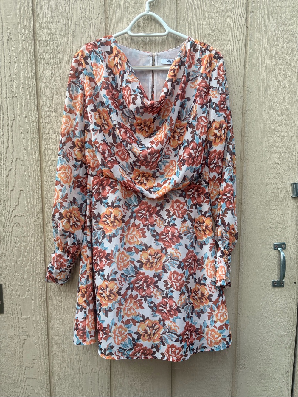 Earthy Tones Floral Long Sleeve Cowl Neck Dress